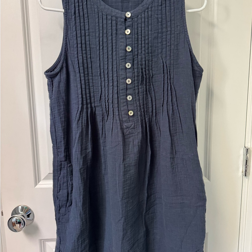 Quince 100% Organic Cotton Gauze Sleeveless Swing Dress indigo blue S